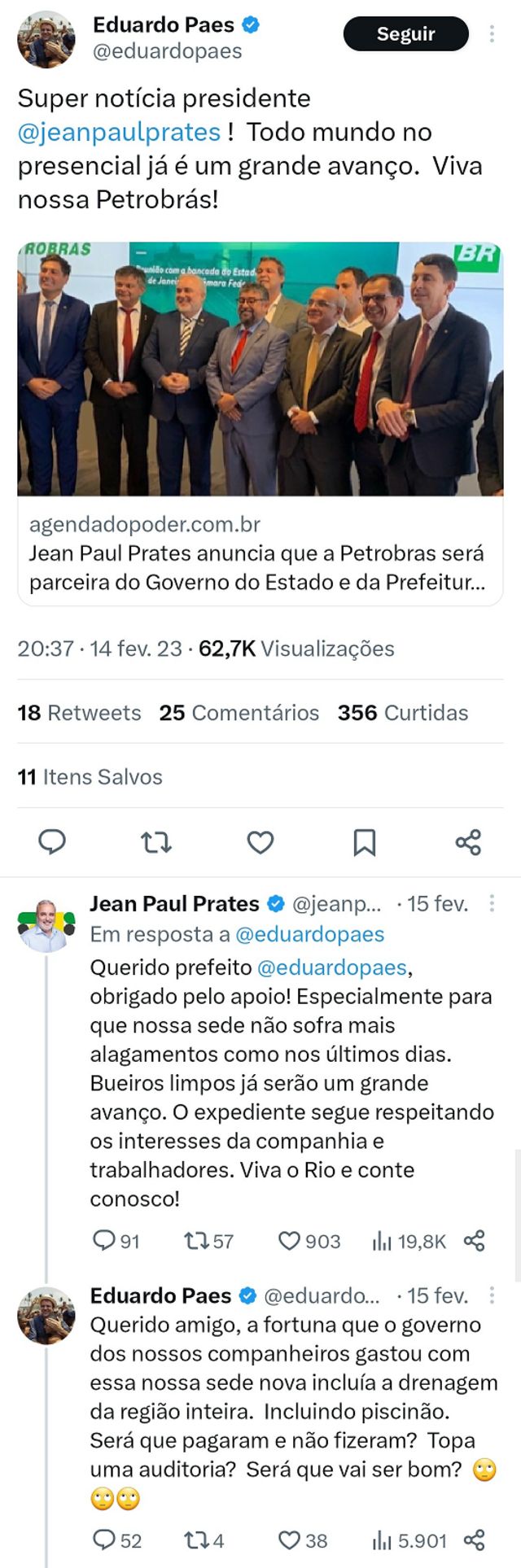Captura de tela mostra troca de tuítes entre o presidente da Petrobras, Jean Paul Prates, e o prefeito do Rio, Eduardo Paes