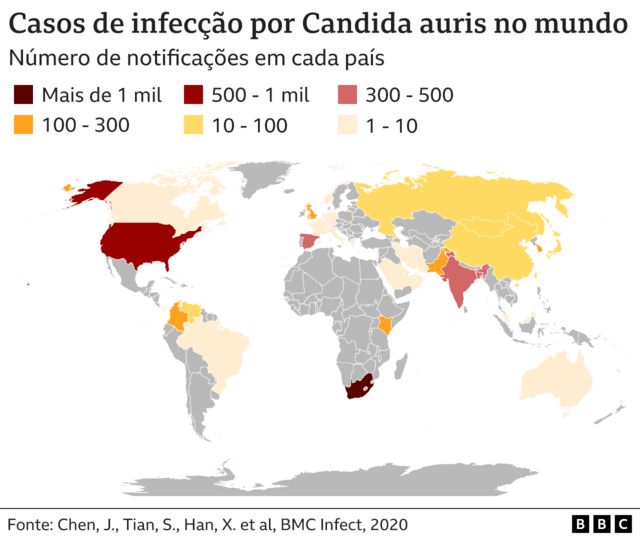 Distribuição de casos de infecção por Candida auris no mundo