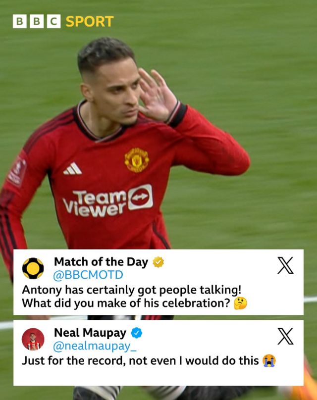 Match of the Day tweeted "Anthony has certainly got people talking! What did you make of his celebration?" And Neal Maupay replied: "Just for the record, not even I would do this"
