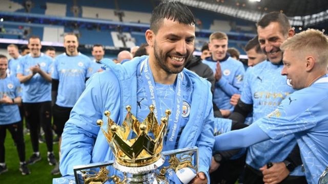 Sergio Aguero with the Premier League trophy