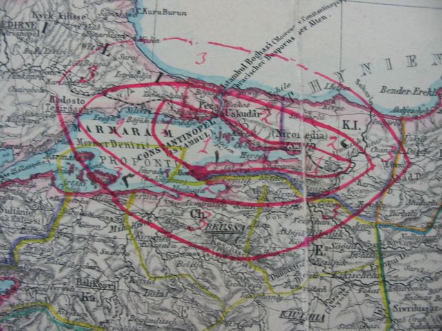 Atina Rasathanesi Müdürü Eginitis'in 1894 Depreminin etki alanlarını gösterdiği harita