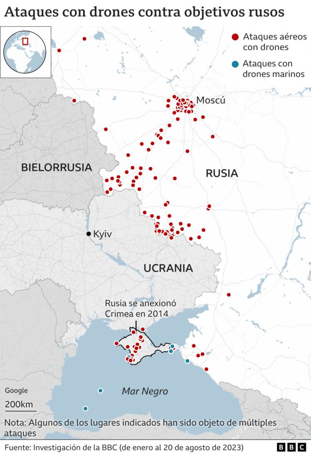 Mapa de los ataques con drones en Rusia.