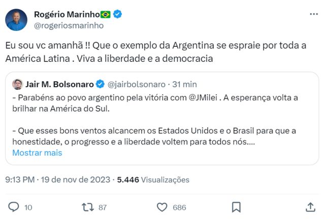 Tuíte de Rogério Marinho sobre a vitória de Milei