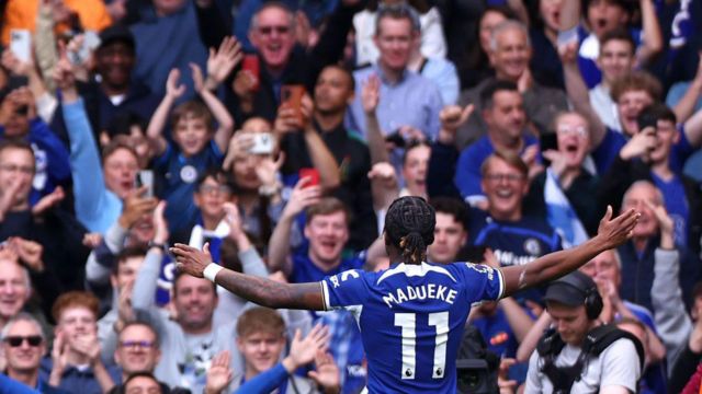 Noni Madueke of Chelsea FC celebrates scoring his teams third goal in the 5-0 win over West Ham