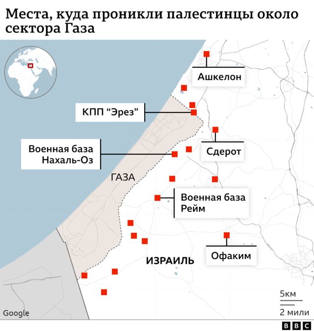 Карта Газы, Израиля и нападения ХАМАС