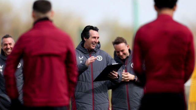 Unai Emery head coach of Aston Villa in action during training session at Bodymoor Heath training ground on April 05, 2024