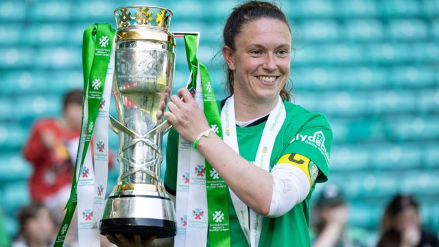 Celtic’s Kelly Clark with the SWPL trophy at full time during the Scottish Power Women's Premier League trophy day