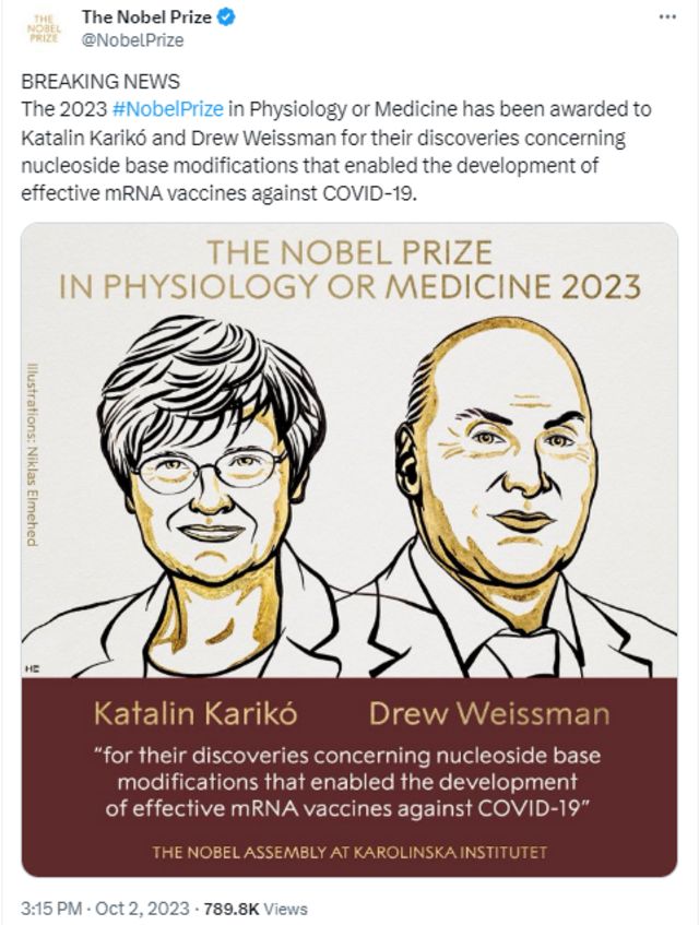 கோவிட் தடுப்பூசி உருவாக்க உதவிய விஞ்ஞானிகளுக்கு நோபல் பரிசு