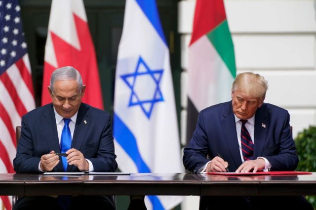 President Donald J. Trump and Israeli Prime Minister Benjamin Netanyahu sign the Abraham Accord during a ceremony at the White House on Tuesday, September 15, 2020 in Washington, DC. Trump is presiding over the agreement