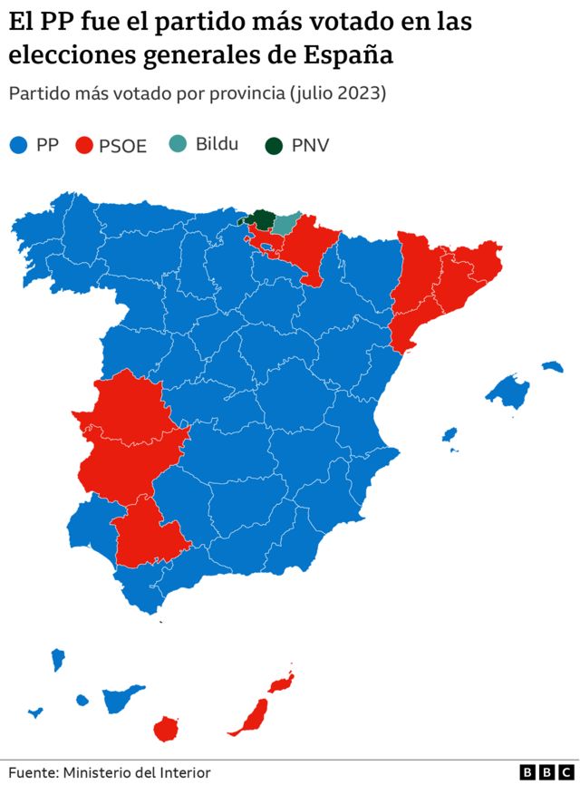 Mapa del partido más votado en las elecciones generales en España, por provincia