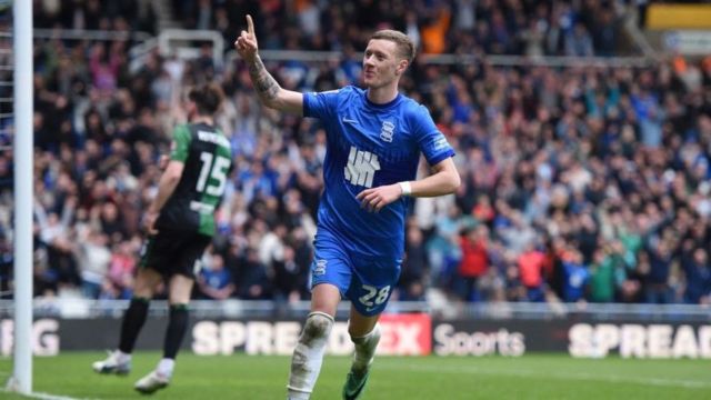 Jay Stansfield scores against Coventry City whilst on loan at Birmingham City