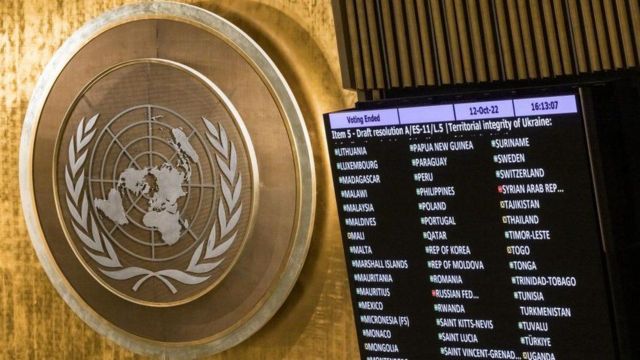 مانیتور مجمع عمومی سازمان ملل در نیویورک نشان می‌دهد که برخی از کشورها با نشانگرهای سبز، قرمز و زرد به الحاق خاک اوکراین به روسیه رای داده‌اند 
