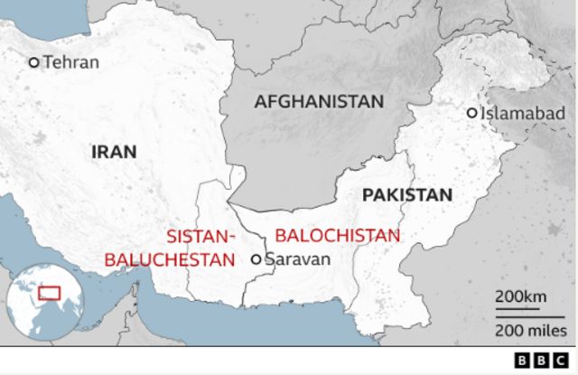 Map showing Balochistan province in Pakistan and Sistan-Baluchestan province in Iran