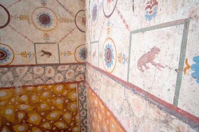 Pinturas de animales, flores y otros motivos en diferentes colores en una pared