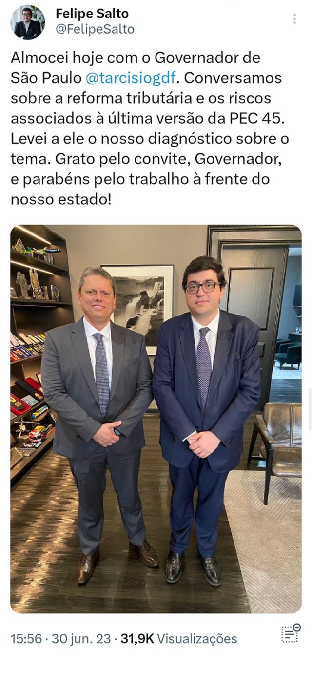 Captação de tela de tuíte de Felipe Salto sobre encontro com o governador de São Paulo, Tarcísio de Freitas
