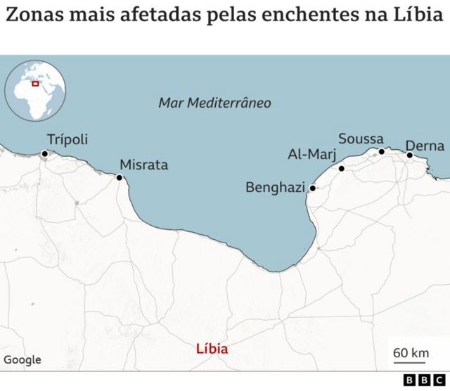 Mapa mostra cidades na costa da Líbia como as mais afetadas