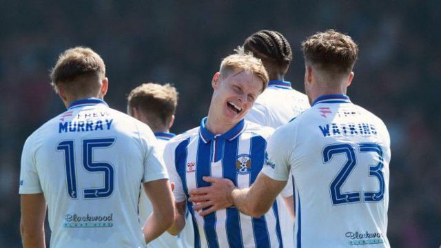 Kilmarnock's Gary Mackay-Steven celebrates scoring to make it 1-0  during a cinch Premiership match between Dundee FC and Kilmarnock at the Scot Foam Stadium at Dens Park, on May 18, 2024, in Dundee, Scotland. 