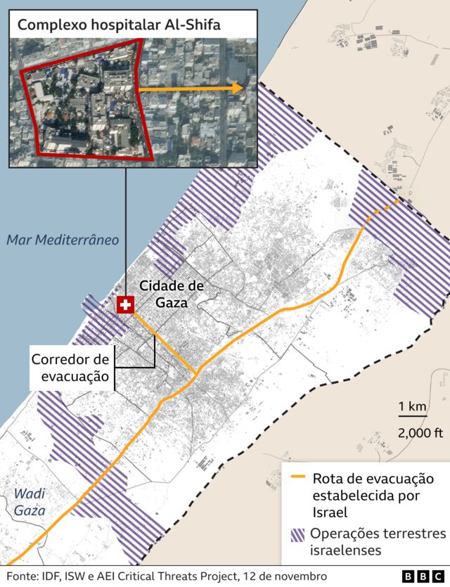 Mapa de hospital em Gaza