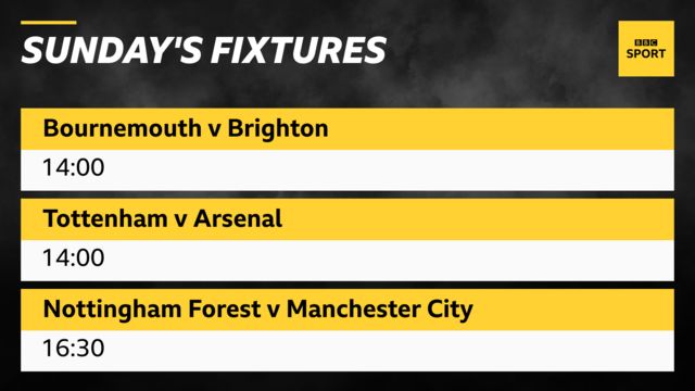 Sunday's fixtures: Bournemouth v Brighton 14:00; Tottenham v Arsenal 14:00; Nottingham Forest v Manchester City 16:30