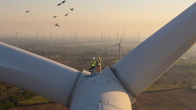 Dois trabalhadores parados observando parque de energia eólica