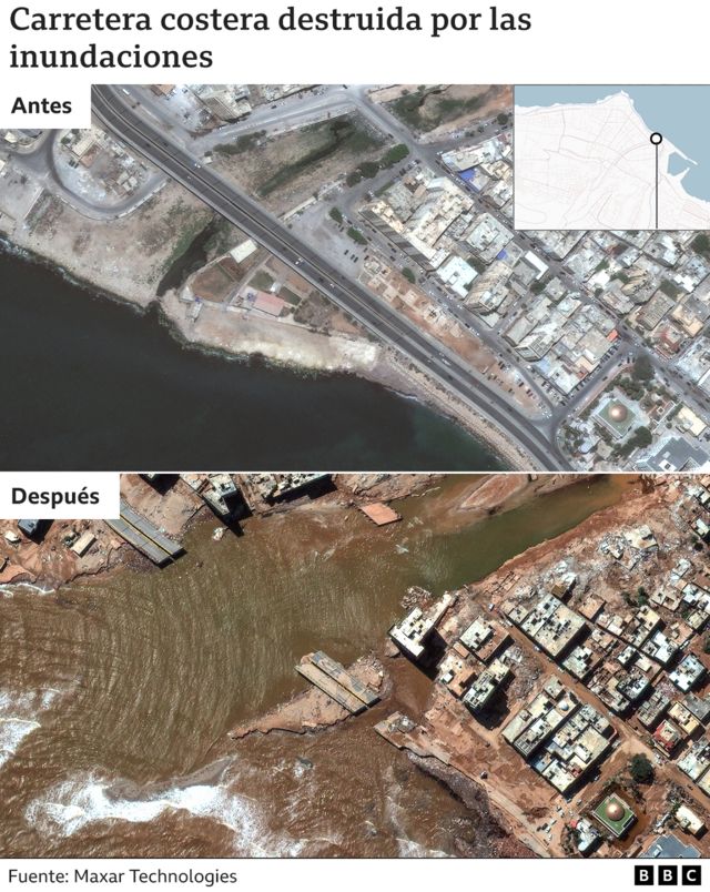 El gráfico muestra la carretera que el agua destruyó en Derna