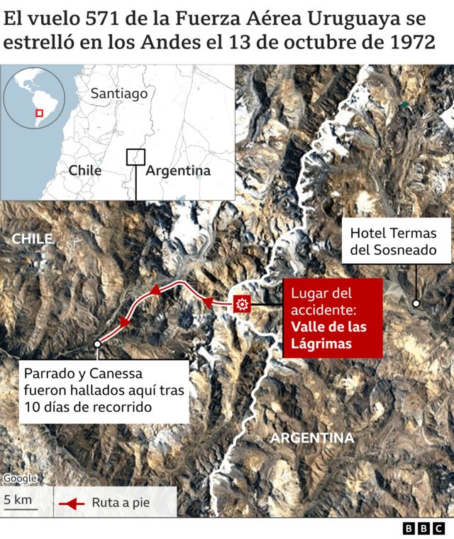 Mapa del lugar del accidente de la Tragedia de los Andes