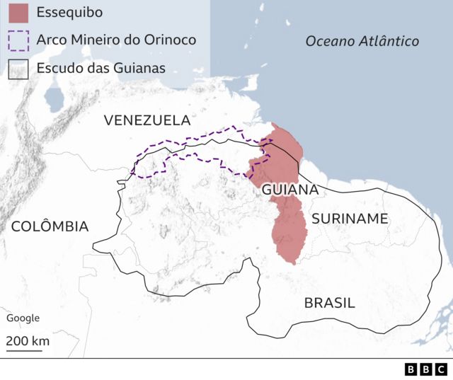 Mapa mostra Essequibo, Arco Mineiro do Orinoco e Escudo das Guianas