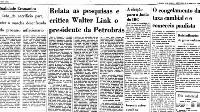 Reprodução de página de jornal, na qual uma das matérias tem título 'Relata as pesquisas e critica Walter Link o presidente da Petrobras'