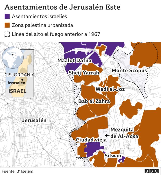 Mapa de los asentamientos en Jerusalén Este.