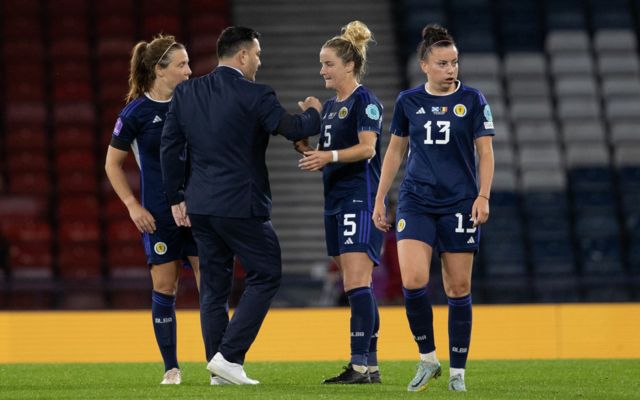 Scotland women manager Pedro Martinez Losa with some of his players