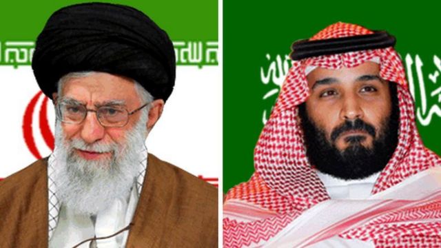 Aiatolá iraniano, Ali Khamenei e o príncipe herdeiro saudita Mohammed bin Salman