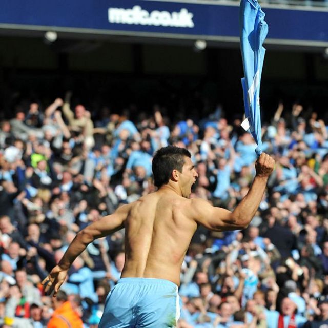 Sergio Aguero celebrates scoring the title-winning goal against QPR in 2012