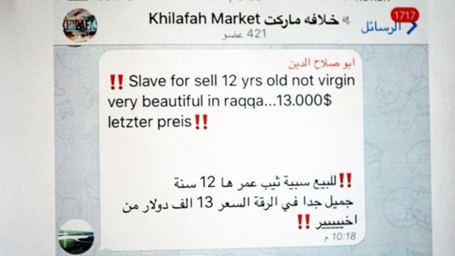 Print de conversa em aplicativo de mensagens, diz: "Escrava à venda, 12 anos, não virgem, muito bonita, em Raqqa, $ 13.000."
