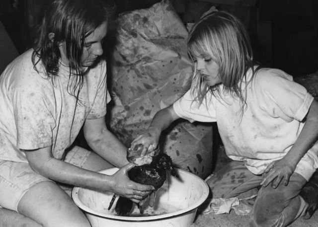 Children washing a duck 