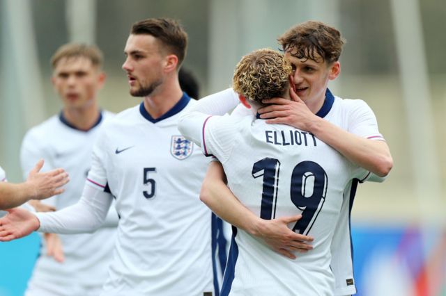 Harvey Elliott celebrates scoring England's win over Azerbaijan