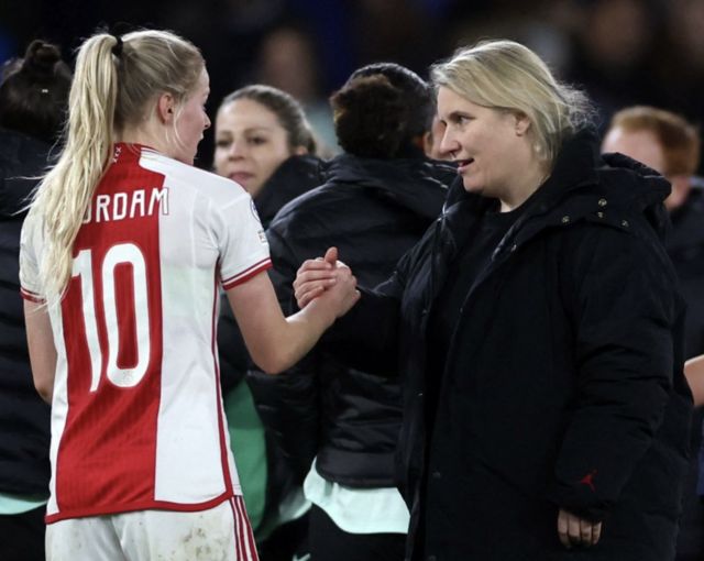 Chelsea manager Emma Hayes with Ajax Amsterdam's Nadine Noordam