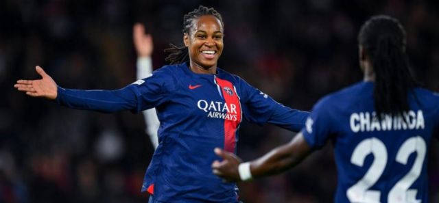 Marie-Antoinette Katoto celebrates scoring for Paris St-Germain