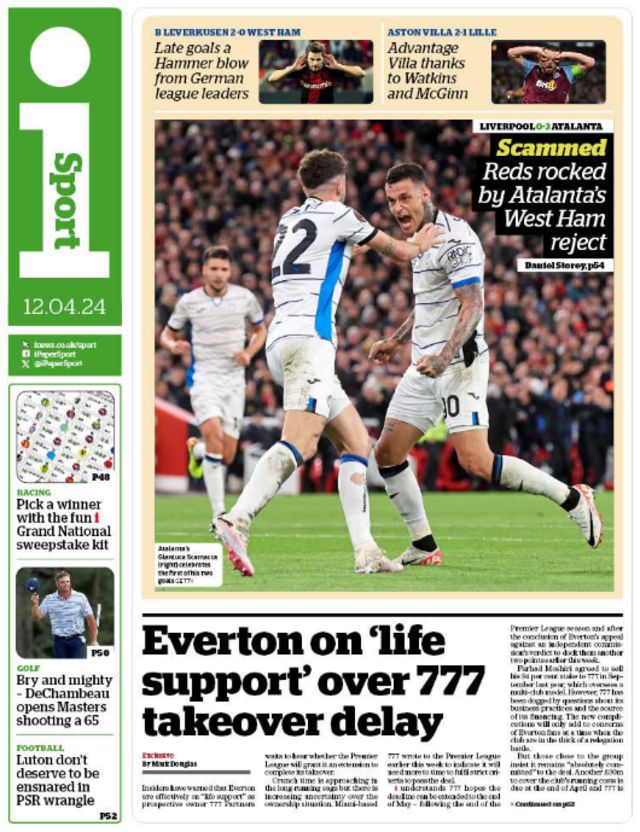 Lead page of i sport on 12 April 2024