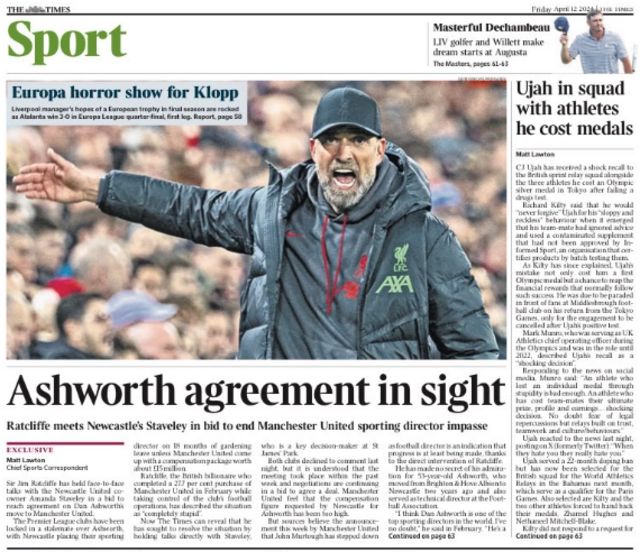 Back page of the Times on 12 April 2024