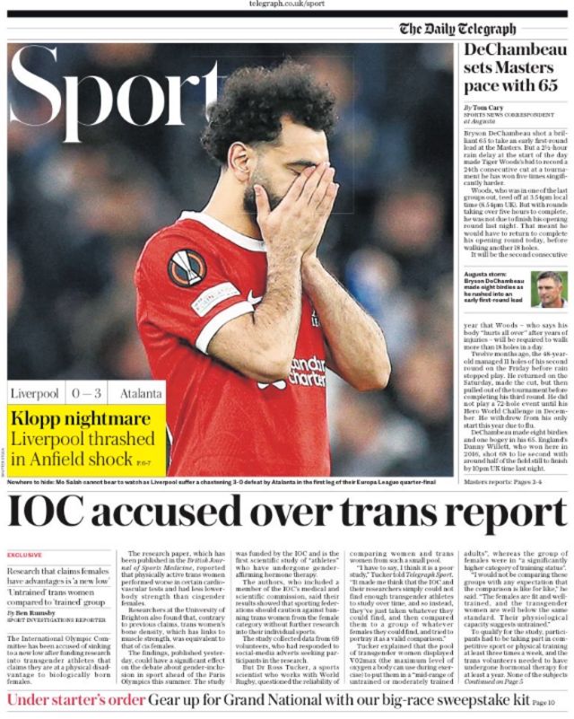 Lead sport page of the Daily Telegraph on 12 April 2024