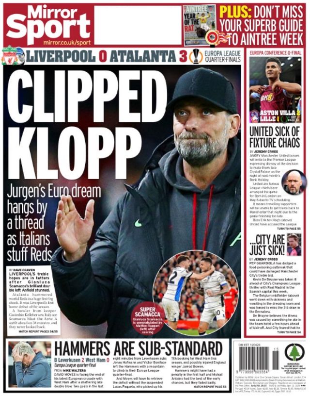 Back page of the Daily Mirror on 12 April 2024