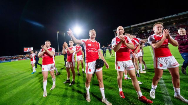 Hull KR celebrate their play-off win over Leigh at the end of last season