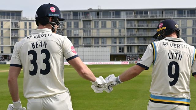 Adam Lyth and Fin Bean walk on to the pitch