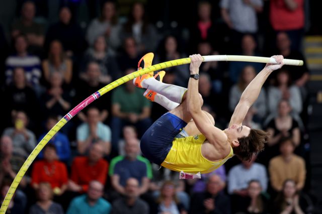 Armand Duplantis in action at the 2024 World Indoor Athletics Championships in Glasgow.