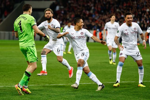 Aston Villa players celebrate after knocking Lille out of the Europa Conference League