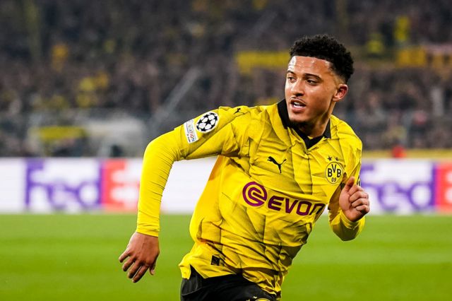 Manchester United attacking midfielder Jadon Sancho in action for Borussia Dortmund while on loan with the Bundesliga club