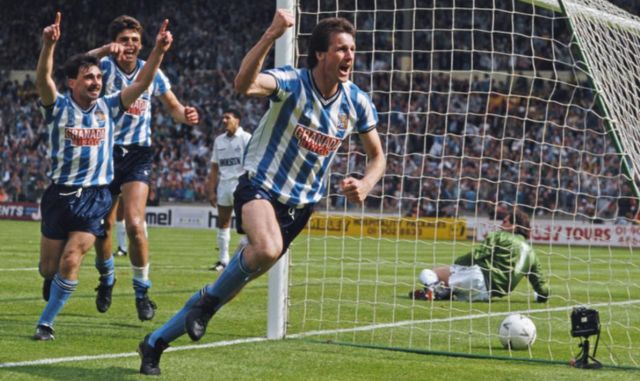 Keith Houchen celebrates scoring for Coventry in the 1987 FA Cup final