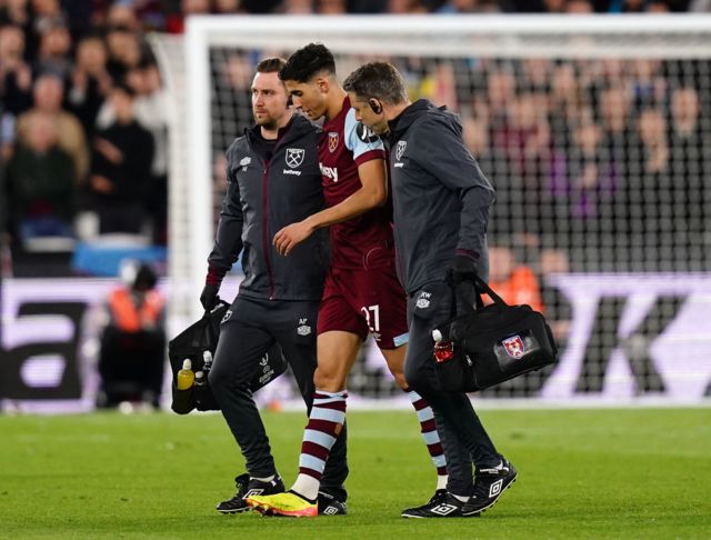 West Ham's Nayef Aguerd goes off injured against Bayer Leverkusen