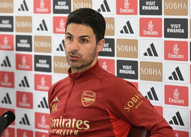 Arsenal boss Mikel Arteta speaking at a news conference
