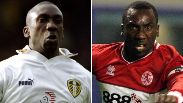 Jimmy Floyd Hasselbaink in Leeds colours (left) and Middlesbrough (right)